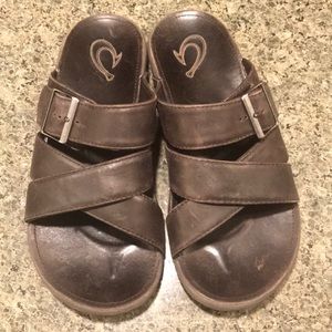 Olukai Brown Leather Slide Sandals